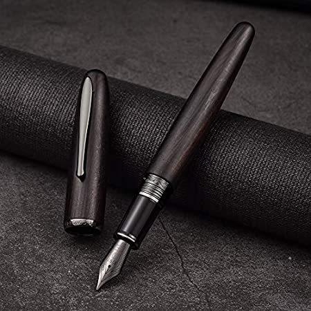 Hongdian 660 ブラックウッド 万年筆 ブラック 極細ペン先 手作り天然黒檀筆記ペン メタルケース付き