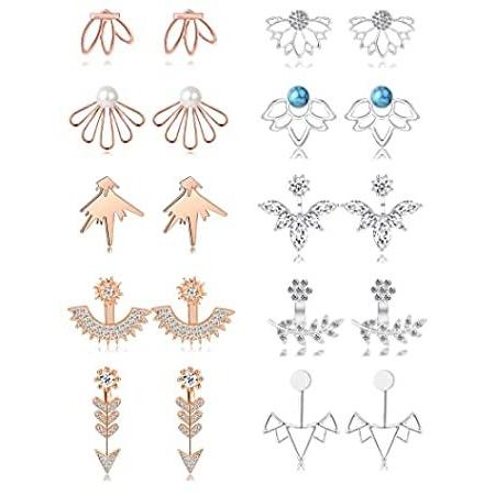 Fxiqini 10ペア 蓮の花 イヤリング スタッド シック キュービックジルコニア リーフ パール 中空 ステンレススチール イヤリング ジャケッ