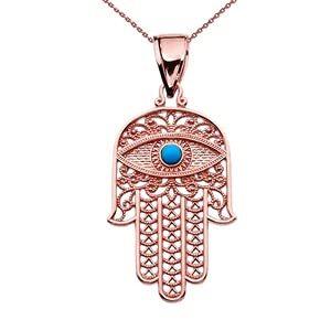 TURQUOISE EVIL EYE HAMSA HAND ROSE GOLD PENDANT NECKLACE - Gold Purity:: 10