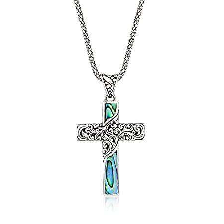 Ross-Simons Black Abalone Shell Bali-Style Cross Pendant Necklace in Sterli