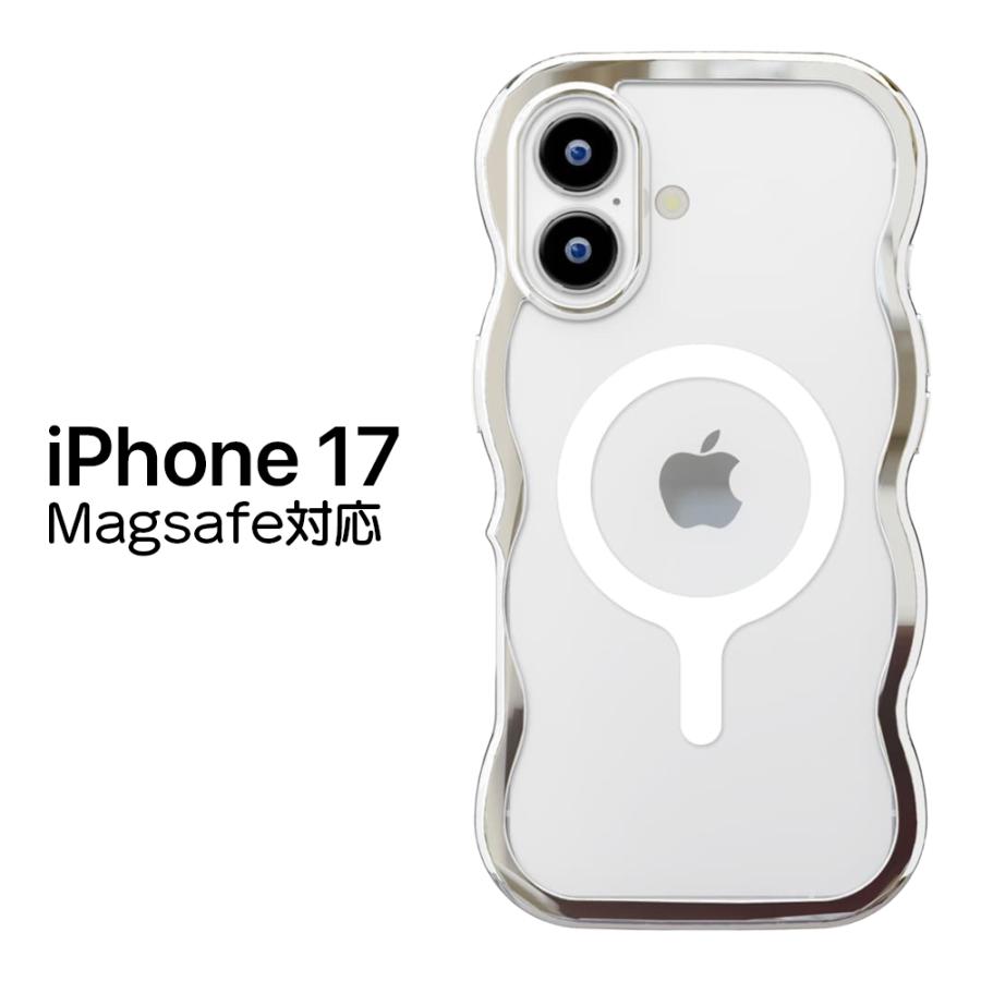iPhone 17 ケース MagSafe対応 クリア 耐衝撃 シルバー ウェーブケース