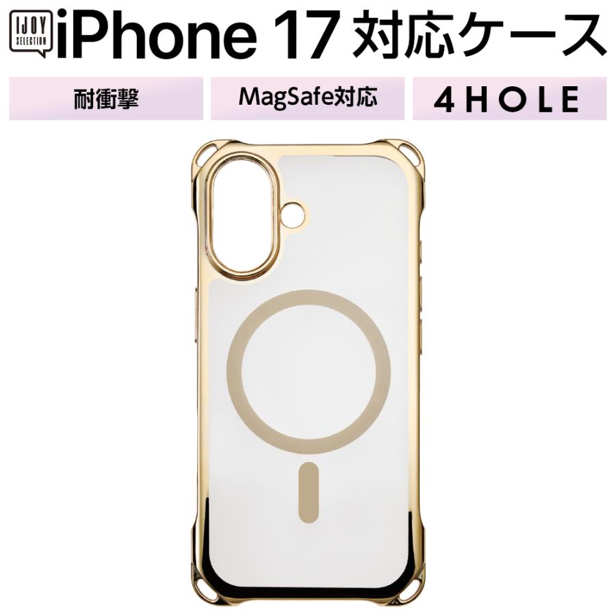 iPhone17 ケース クリア ゴールド メタリック ストラップホール 四角