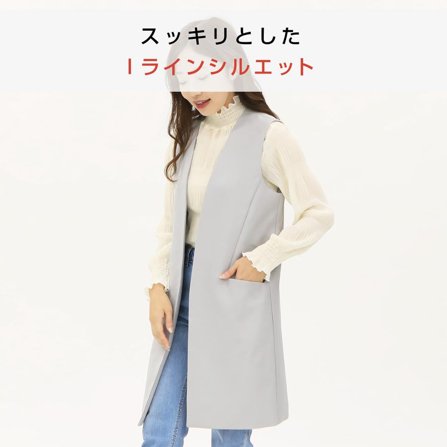 ジレ レディース ロング ベスト トップス 羽織 ノースリーブ 無地 : T