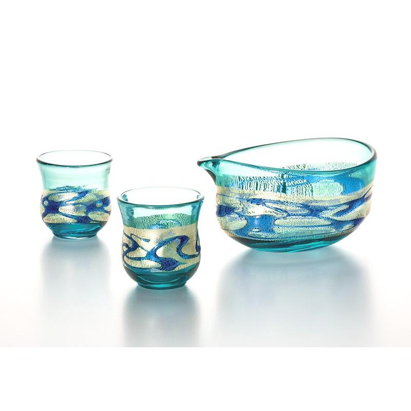 津軽びいどろ 金彩碧瑠璃 酒器3点セット 片口酒つぎ1個 お猪口2
