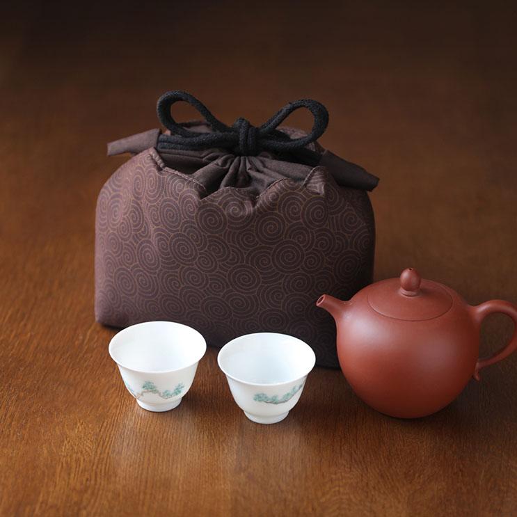 茶道具収納 小物収納袋 茶器用絹袋 角底 仕覆 しふく（ 水模様 茶色