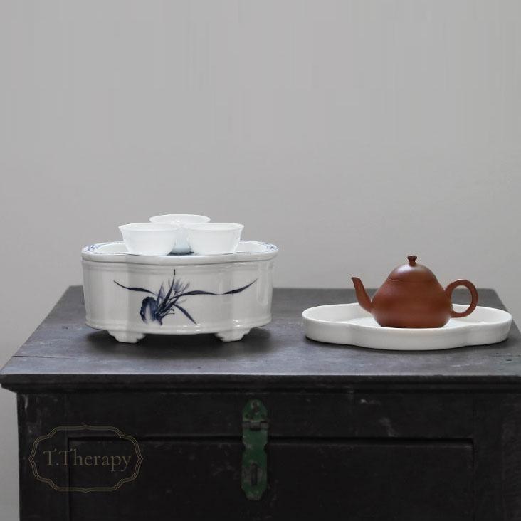 陶器 中国茶 台湾茶 泡茶 茶承 潮州工夫 茶船 壺承＋茶盤セット（蘭