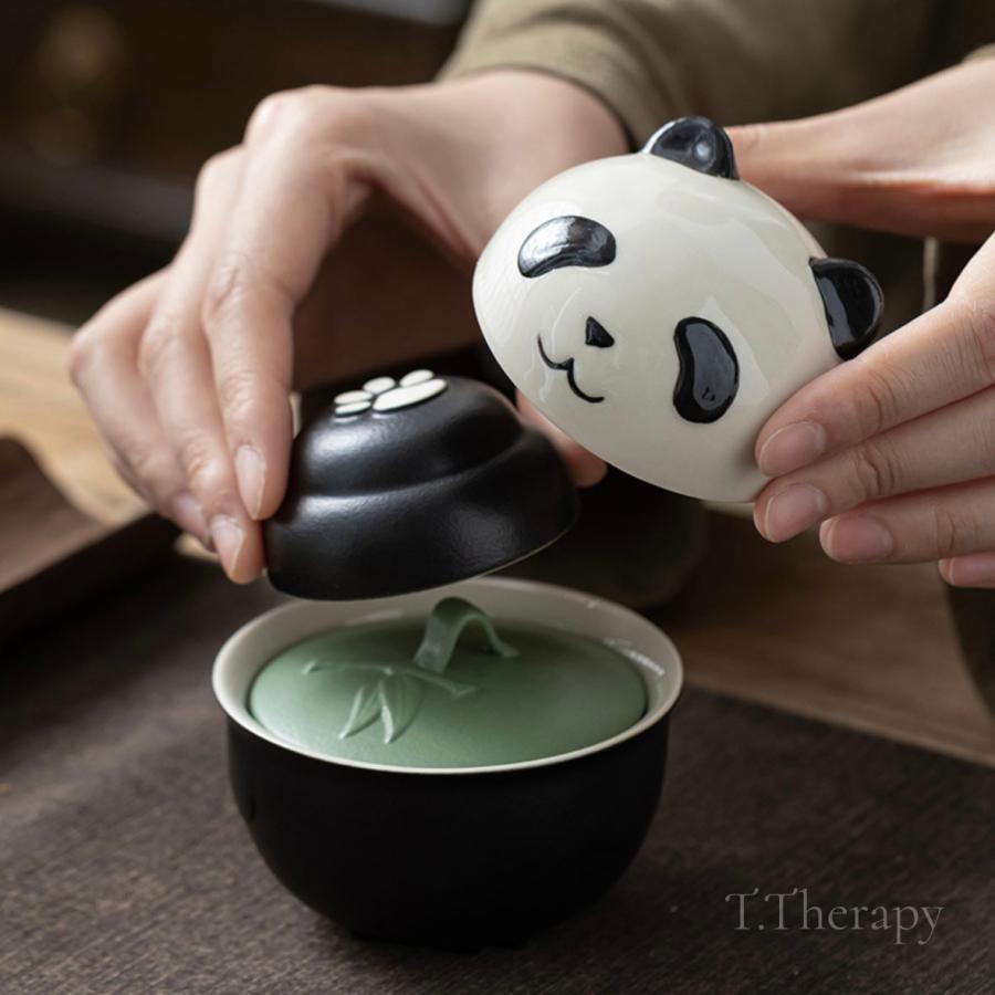 旅持ち茶器 携帯用茶器 旅行茶具一式 (パンダ 土灰釉 蓋碗＋茶碗2＋