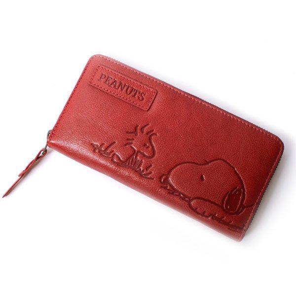 印伝 印傳屋 いんでんPEANUTSスヌーピー総柄 フラップ長財布ウォレット 赤 SNOOPY（スヌーピー） 財布 長財布 ラウンドファスナー 小銭入れ付き