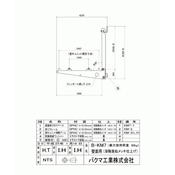 バクマ工業 エアコン室外ユニット用据付架台 壁面用架台 B-KM7 溶融