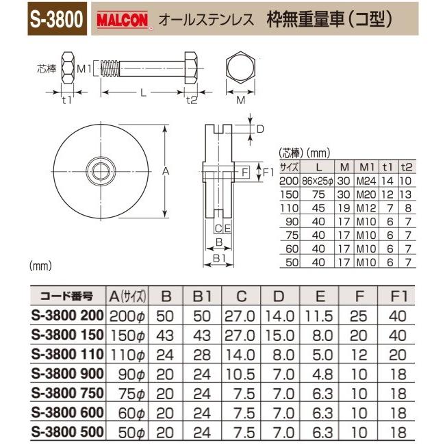 丸喜金属本社　MALCON　重量車　200Ф　1個販売　枠無重量車（コ型）　マルコン　S-3800-200　（ステンレスベアリング入り）　オールステンレス