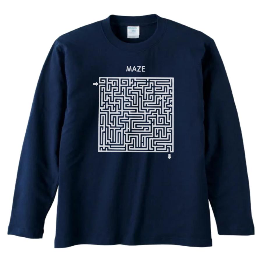 おもしろ デザイン MAZE 迷路 長袖 ロングスリーブ Tシャツ ネイビー
