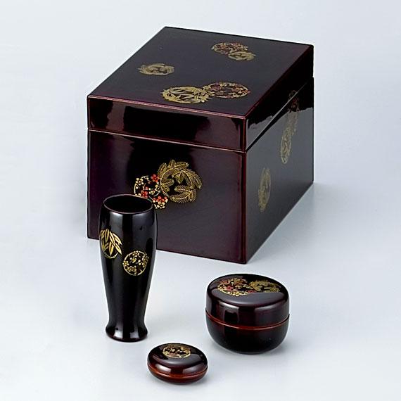 茶道具 茶箱 利休茶箱 溜真塗 花丸 宗悦作（化粧箱）( 3点
