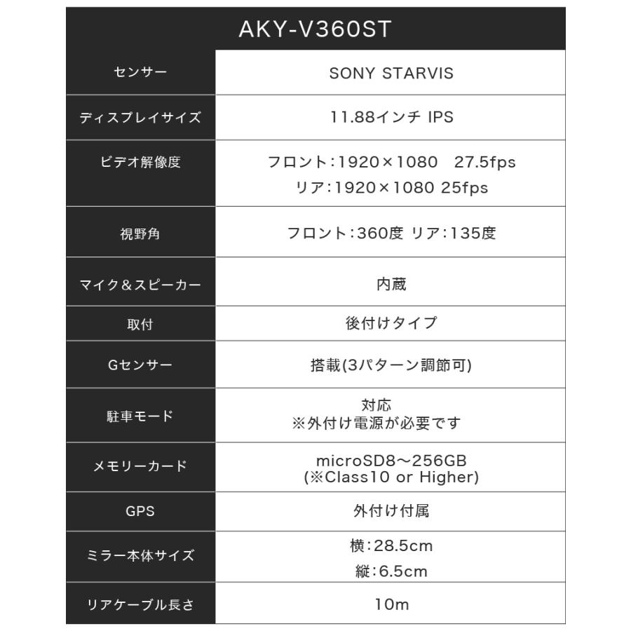 ドライブレコーダー 前後 ミラー型 AKEEYO AKY-V360ST 2カメラ 車体横 死角 360度撮影 車内 車内外同時 駐車監視 GPS付き｜ta-creative｜03