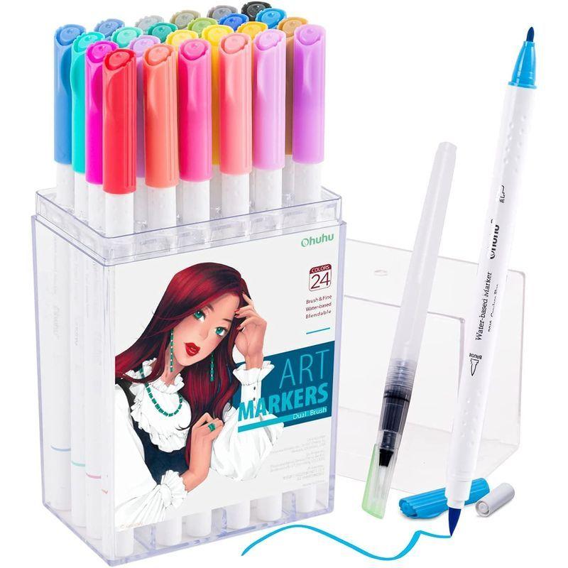 Ohuhu 水性マーカー 24色 濃い色 ふで 細 イラストマーカー アートマーカーペン 水彩ペン 水性 ふでタイプ ブラッシュ イラスト 生まれのブランドで