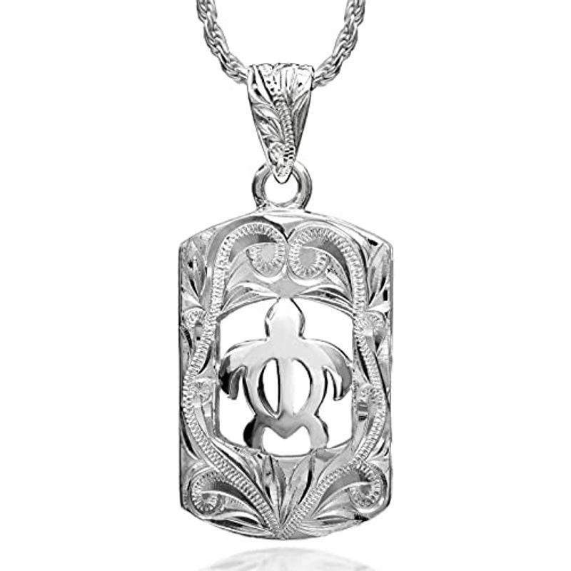 絶対一番安い チェー 925 シルバー メンズ ネックレス ペンダント スクロール彫り プレート ホヌ 海亀 タグ型 亀 ハワイアンジュエリー レイラニ メンズアクセサリー