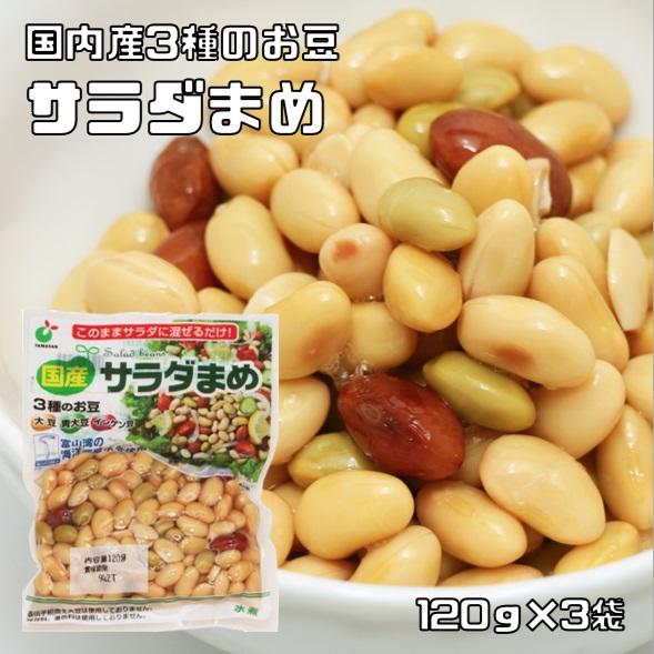 ヤマサン サラダまめ 120g×3袋 国産 ミックス豆 大豆水煮 大豆 青大豆
