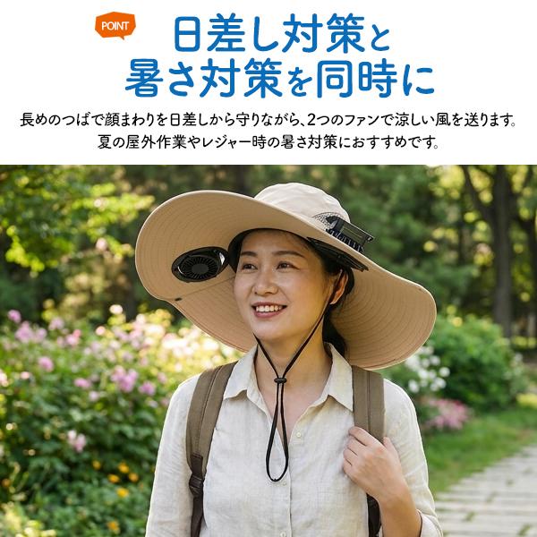 ファン付き帽子 扇風機 帽子 ハット ソーラー&バッテリーモード USB充電 あご紐 アジャスター付 長めつば広 冷却 バケハ アウトドア スポーツ 野外 作業服 | ブランド登録なし | 03