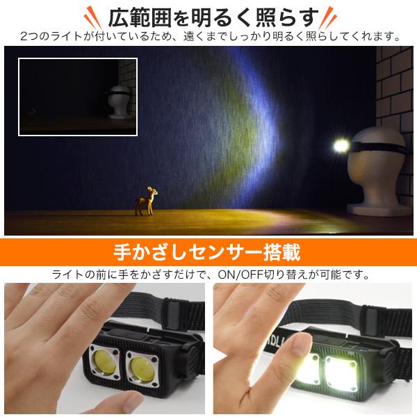 充電式 ヘッドライト IPX4防水仕様 手かざしセンサー搭載 充電ライト