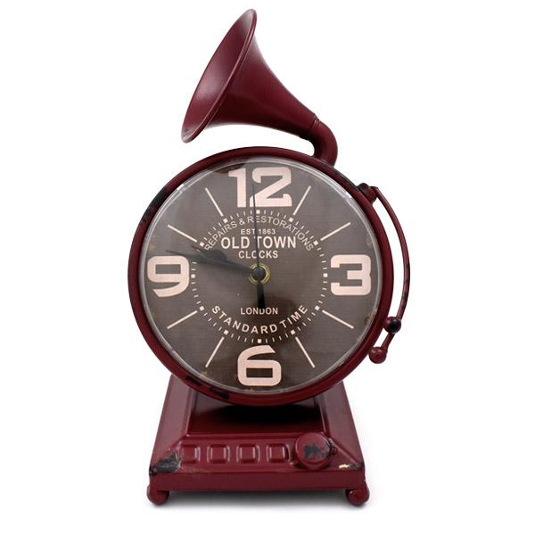 ビンテージ風 置時計 蓄音機 デザイン ボルドー 乾電池式 レトロ