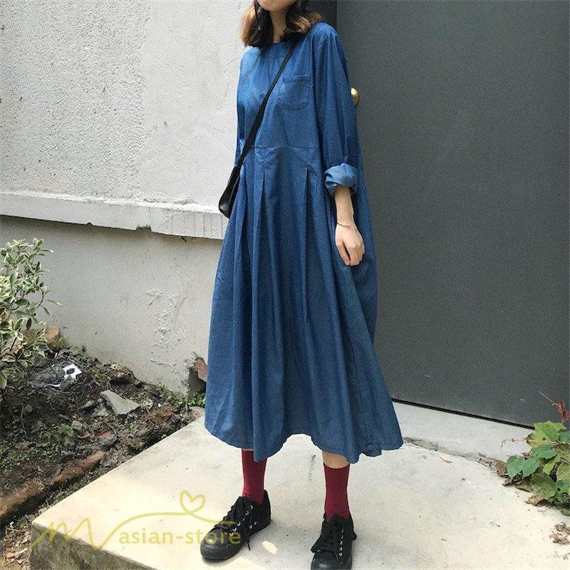 デニムワンピース ゆるワンピース レディース デニム 長袖 レトロ風 