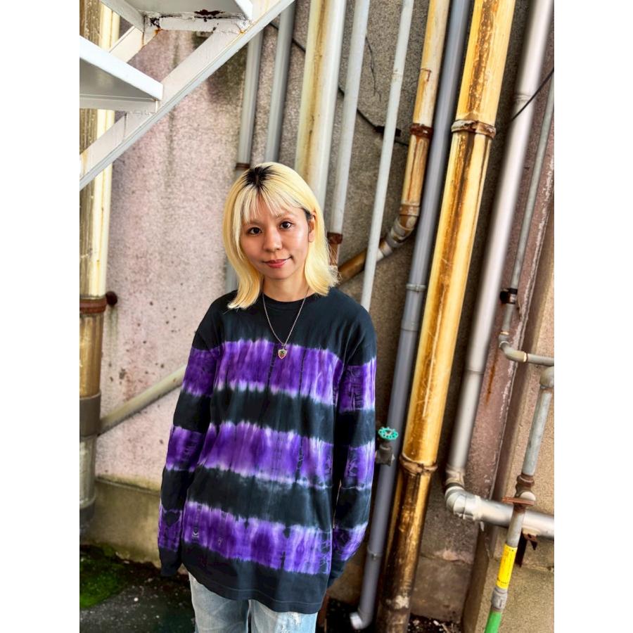 タイダイ 長袖Tシャツ Lサイズ ブラック×パープル ボーダー HIPPIES 