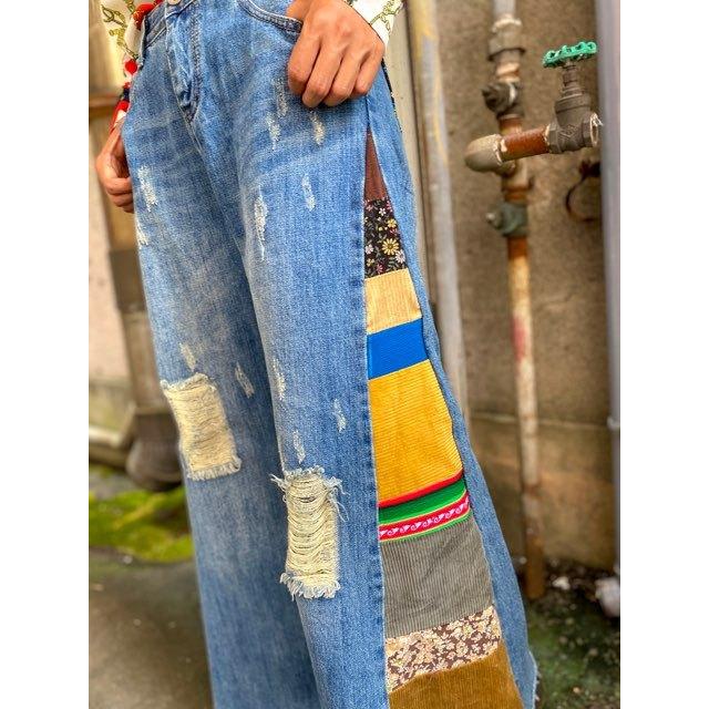 リメイクデニム&リメイクトレンチ パッチワーク ペンキ飛ばし 個性的 リメイクデニム&リメイクトレンチ パッチワーク ペンキ飛ばし