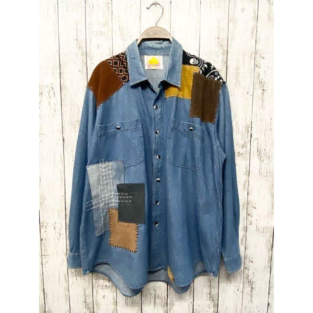 オリジナルリメイクデニムシャツ パッチワーク ヒッピー : 旅空