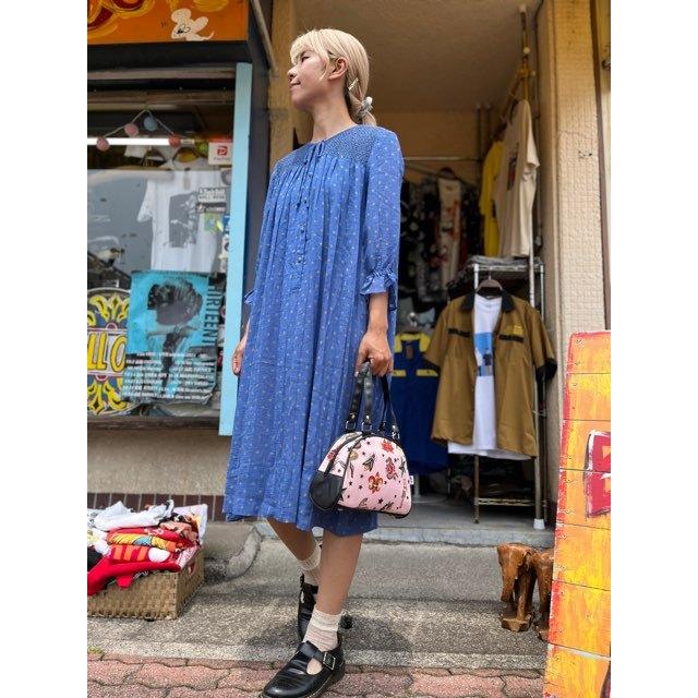 TOKUKO 1erVol ドット 切り替え ワンピース ブルー NA46 レトロ 古着ワンピース 七分袖 ドット ブルー : 旅空 tabisora