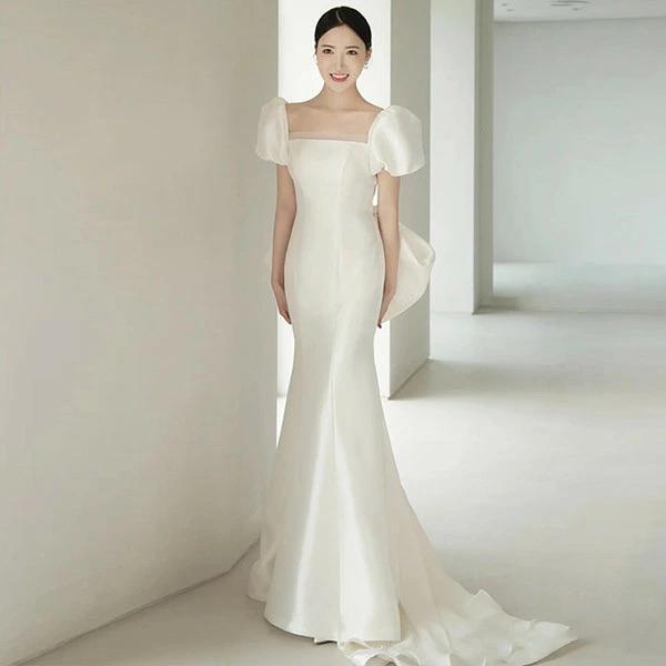 スクエアネック 後リボン ロングドレス トレーンドレス ウエディング  