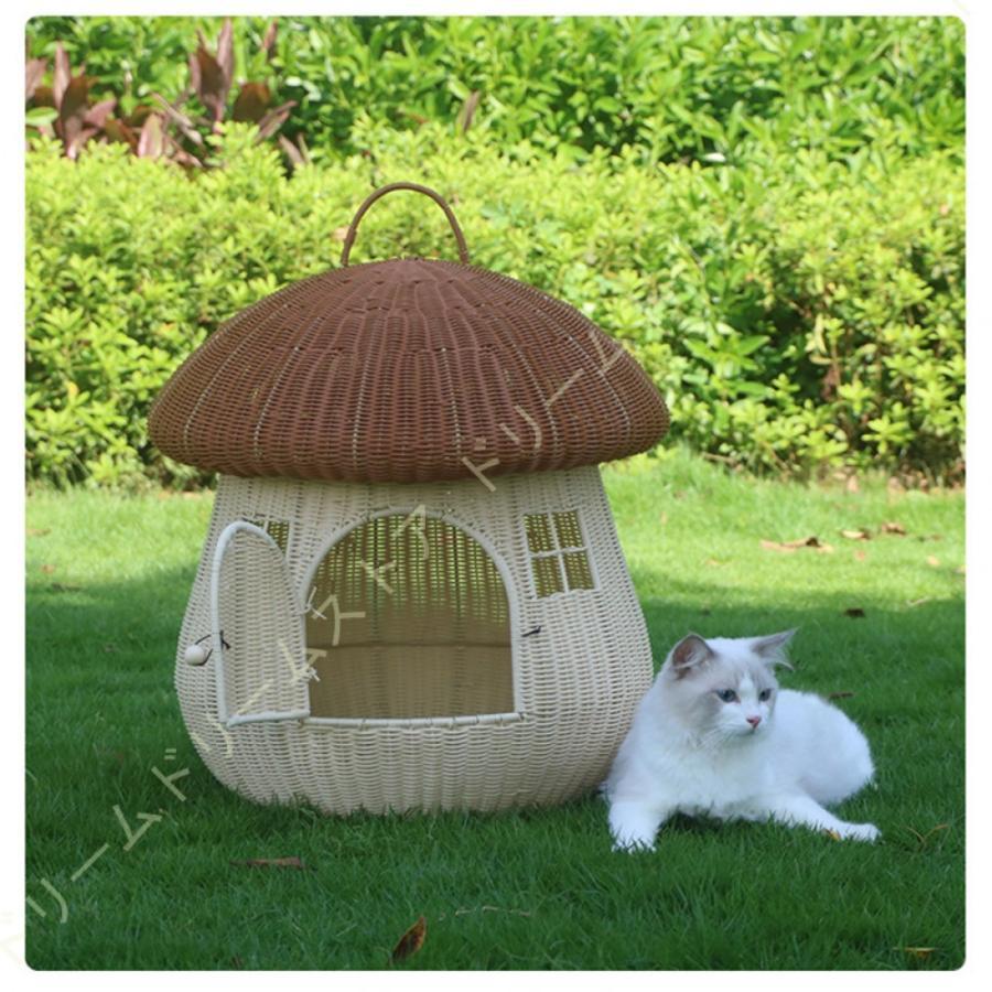 ペットベッド 藤編み ラタン ドーム型 ペットハウス 通気性抜群 夏用 涼しい ござ付き クッション付き 天然素材 猫ちぐら 猫ネスト 手編み 細工品 小型犬 クッション付き