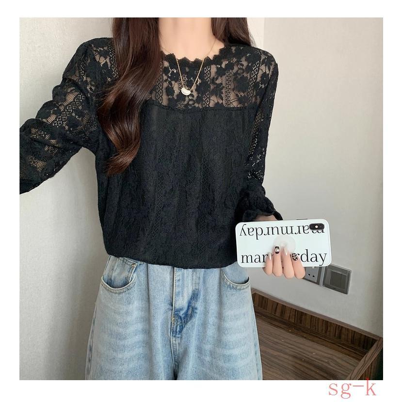 ブラックレース袖トップス 総レース レース袖 白レース 黒レース レースのトップス 長袖シャツ
