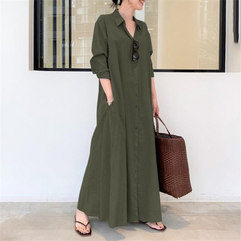 ワイズ ヨウジヤマモト ロング ワンピース リネン 麻 Aライン カーキ M マキシワンピース ロングワンピース レディース シャツワンピース