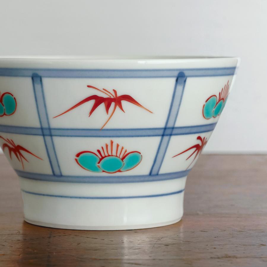 砥部焼 くらわんか 大 格子赤梅笹 梅山窯 ご飯茶碗 飯碗 伝統工芸品 民