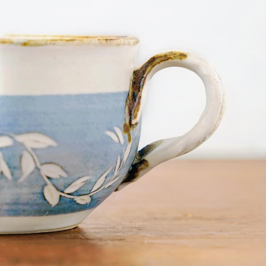 山内卓夫 カップ＆ソーサー リーフ柄 水色 信楽焼 滋賀県産 和食器