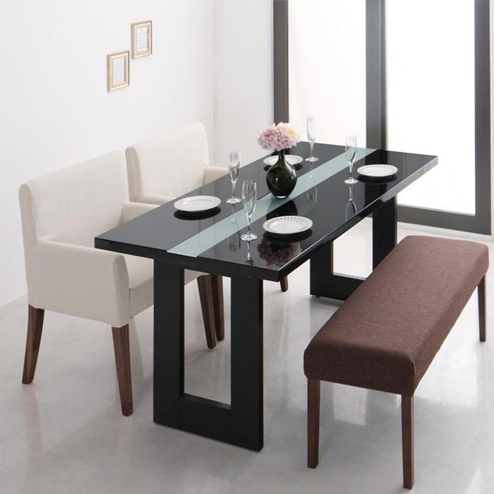 ダイニングテーブル 幅150cm 鏡面仕上げ センターガラス ブラック