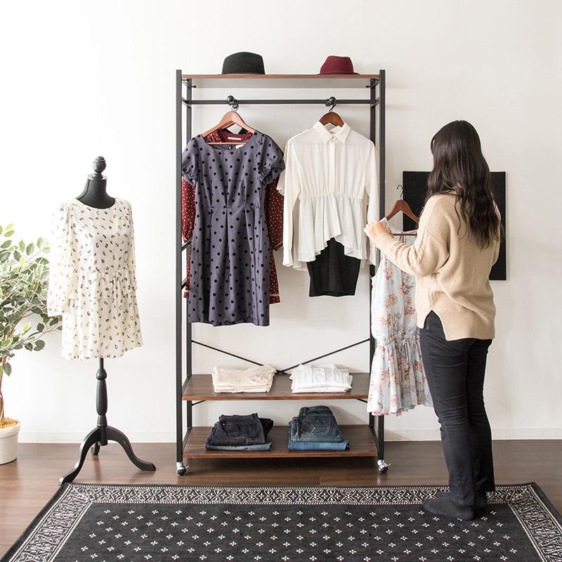 ハンガーラック 1台単品 ブラウン×ブラック色 キャスター付 フック付