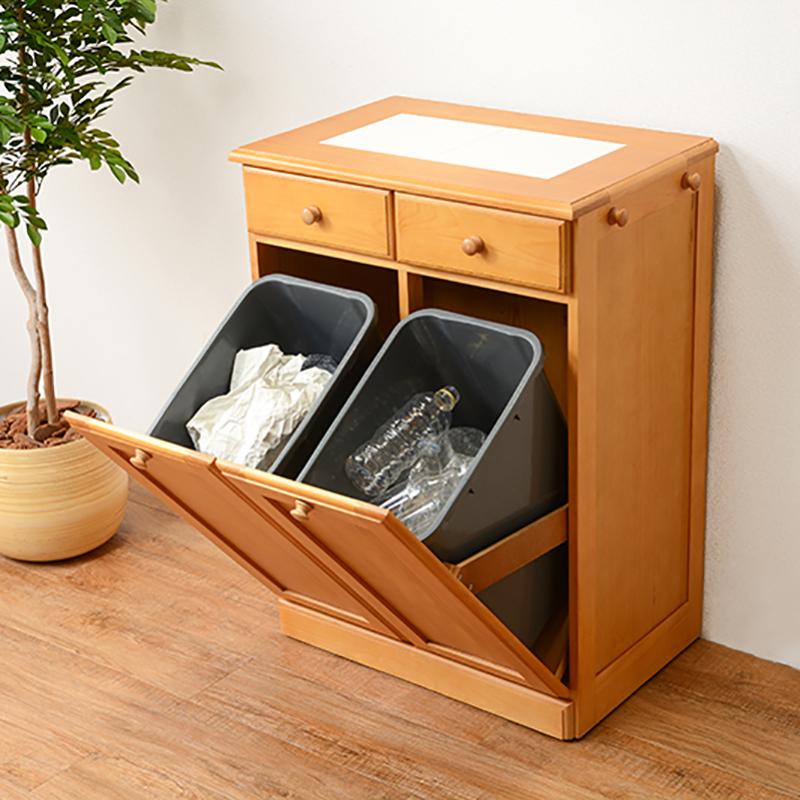 ダストボックス付きキッチンカウンター 幅59cm 2台セット ホワイト色 天板タイル 25L×2分別 フラップ扉 木製 MUD-2-DB |  | 12