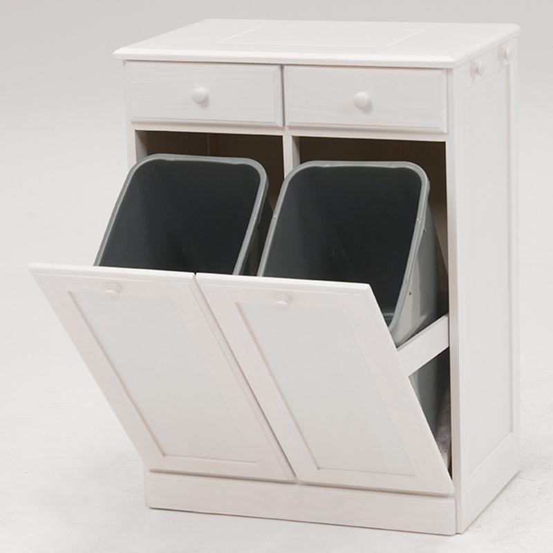 ダストボックス付きキッチンカウンター 幅59cm 2台セット ホワイト色 天板タイル 25L×2分別 フラップ扉 木製 MUD-2-DB |  | 02