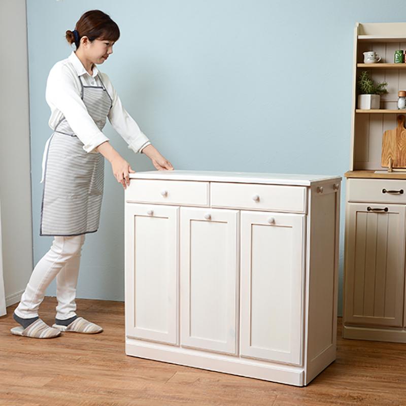 ダストボックス付きキッチンカウンター 幅87cm 1台単品 ホワイト色 天板タイル 25L×3分別 フラップ扉 木製 MUD-3-DBの画像
