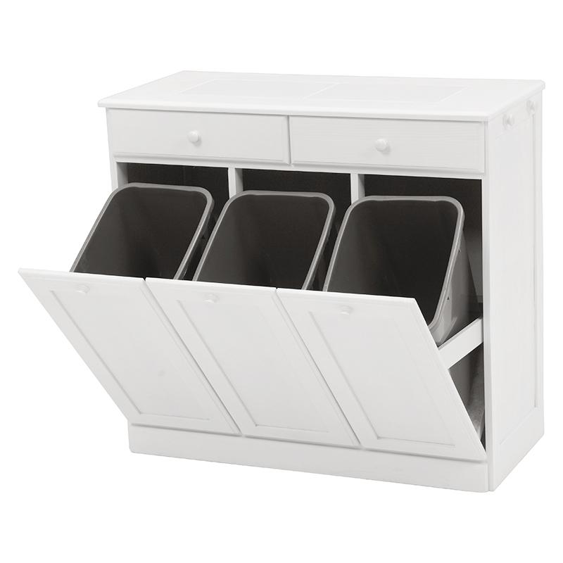 ダストボックス付きキッチンカウンター 幅87cm 1台単品 ホワイト色 天板タイル 25L×3分別 フラップ扉 木製 MUD-3-DBの画像