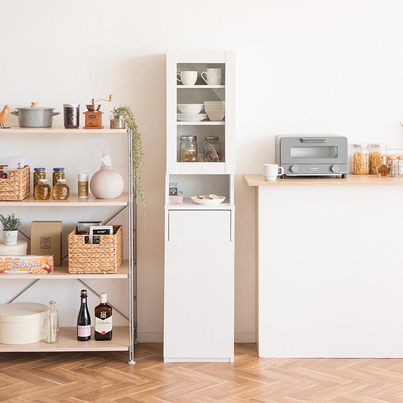 ダストボックス付きキッチンラック 2台セット 幅35cm スキマ収納 ガラス扉 ブラウン ゴミ箱上収納リビングでも スリム 店舗用 RPP-DB |  | 04