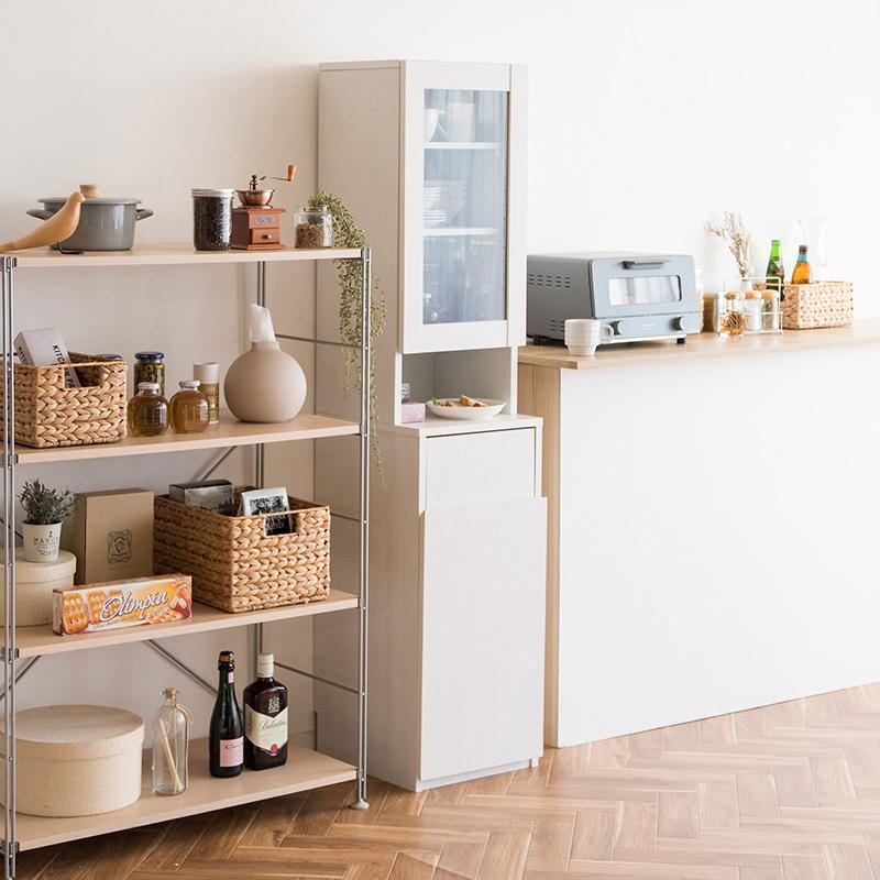 ダストボックス付きキッチンラック 2台セット 幅35cm スキマ収納 ガラス扉 ブラウン ゴミ箱上収納リビングでも スリム 店舗用 RPP-DB |  | 05