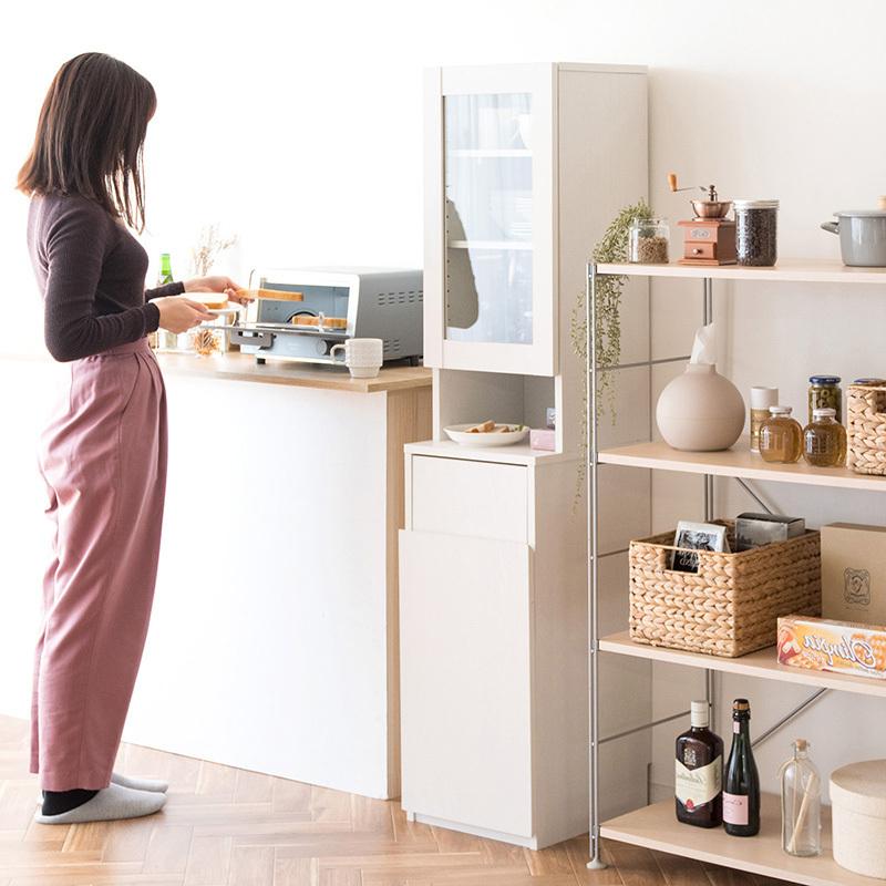 ダストボックス付きキッチンラック 2台セット 幅35cm スキマ収納 ガラス扉 ブラウン ゴミ箱上収納リビングでも スリム 店舗用 RPP-DB |  | 06