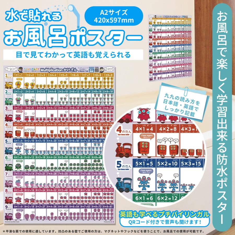 かけ算表 九九の表 2とび 5とびも学べる お風呂用ポスター 教材 音声QRコード LearnEASY 目でみてわかって英語も覚えられる モンスター | ブランド登録なし