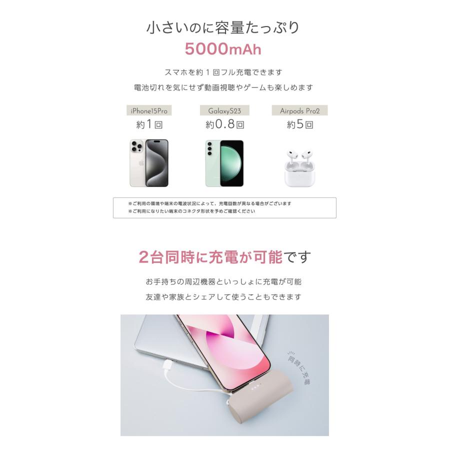 モバイルバッテリー iphone 小型 Oshimoba E03 飛行機OK 軽量 ミニ 小型 直接充電 ケーブル内臓 5000mAh  iPhone Android タイプC アイフォン 軽い 名入れ｜tabtab｜08