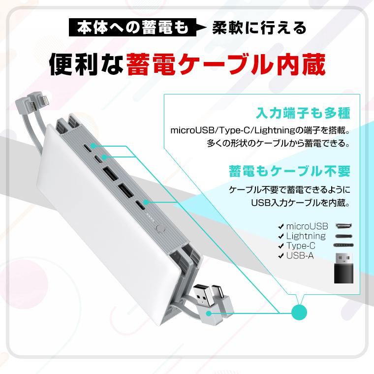 モバイルバッテリー USB-Cケーブル内蔵 (20000mAh・130W) モバイルバッテリー USB-Cケーブル内蔵 (20000mAh・130W) 充電