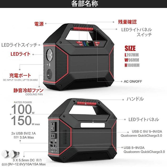 発電機 ポータブル電源 42000mAh 100ワット 超軽量 USBポートx3 AC電源