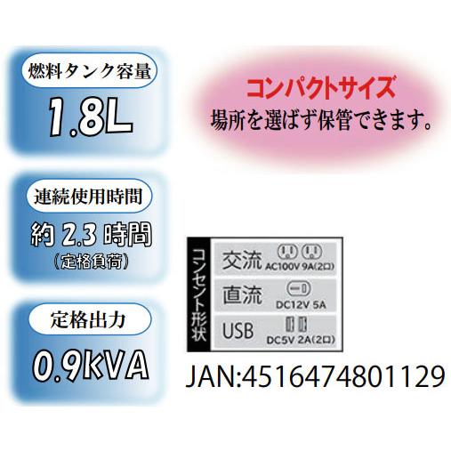 プロモート ガソリン式 インバーター発電機 PEG-900i 定格出力