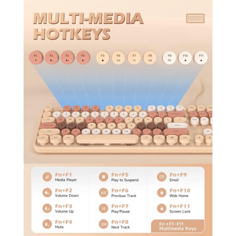 Meidosa 有線コンピュータキーボード ミルクティー カラフル タイプライターキーボード 丸型キー フルサイズ キーボード プラグアンドプレイ U｜tactshop｜03