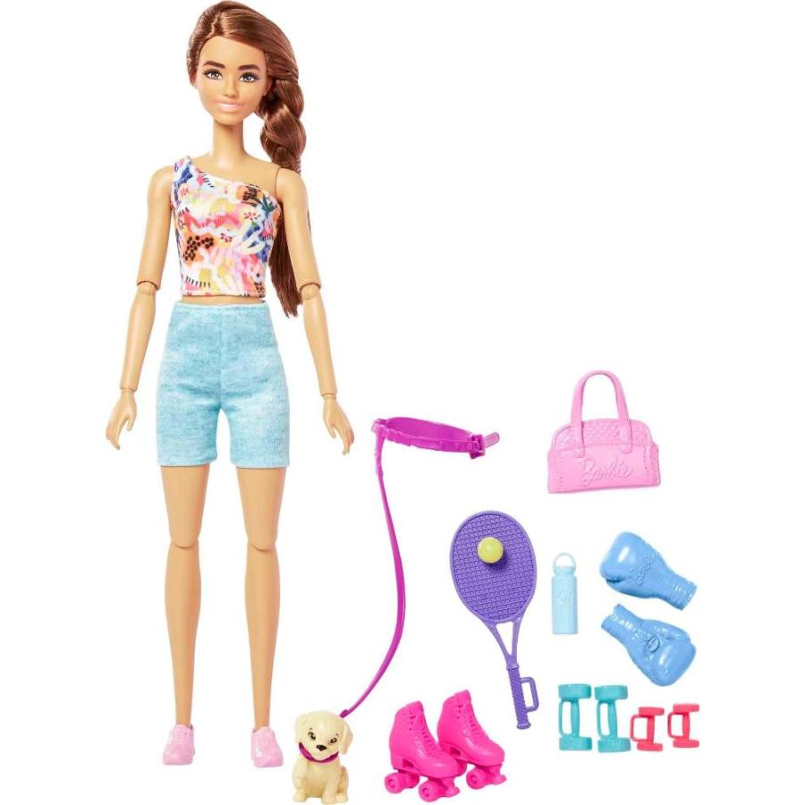 最も人気商品 Barbie Self-Care Doll， Brunette Posable Workout Doll with Puppy and Accesso